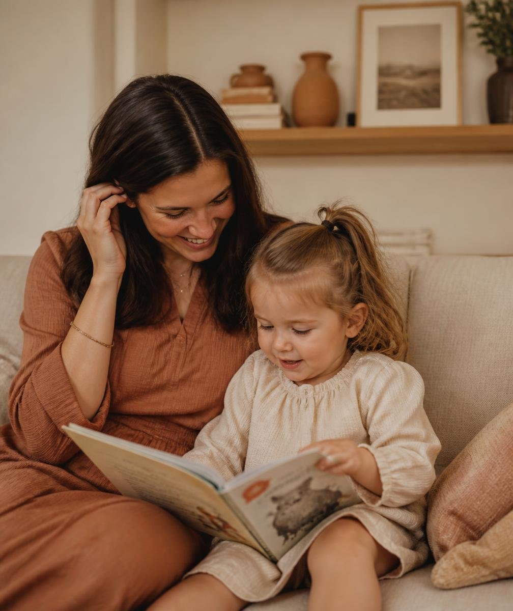 Mãe lendo um livro ilustrado com a filha pequena no sofá